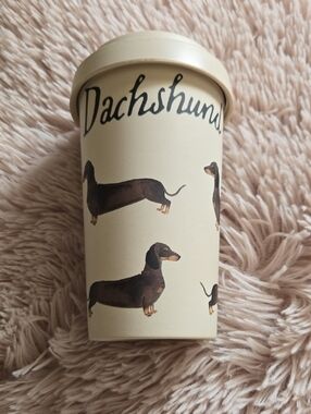 Milly Green Dachshund Travel Cup Mug Cream with Brown Dachshund Dog Design